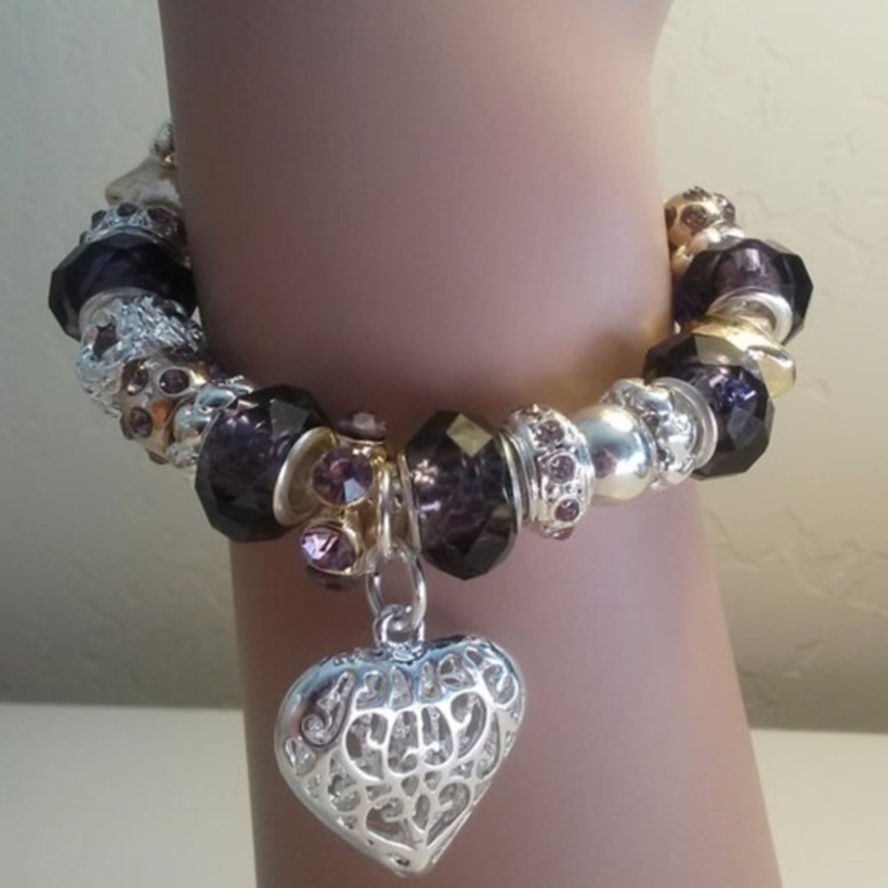 💜Heart Silver, Purple & Yellow Crystal Bracelet